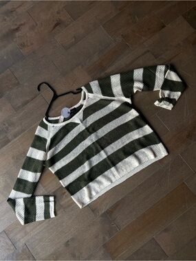 Striped Olive Green and Cream Open-Knit Long Sleeve Sweater